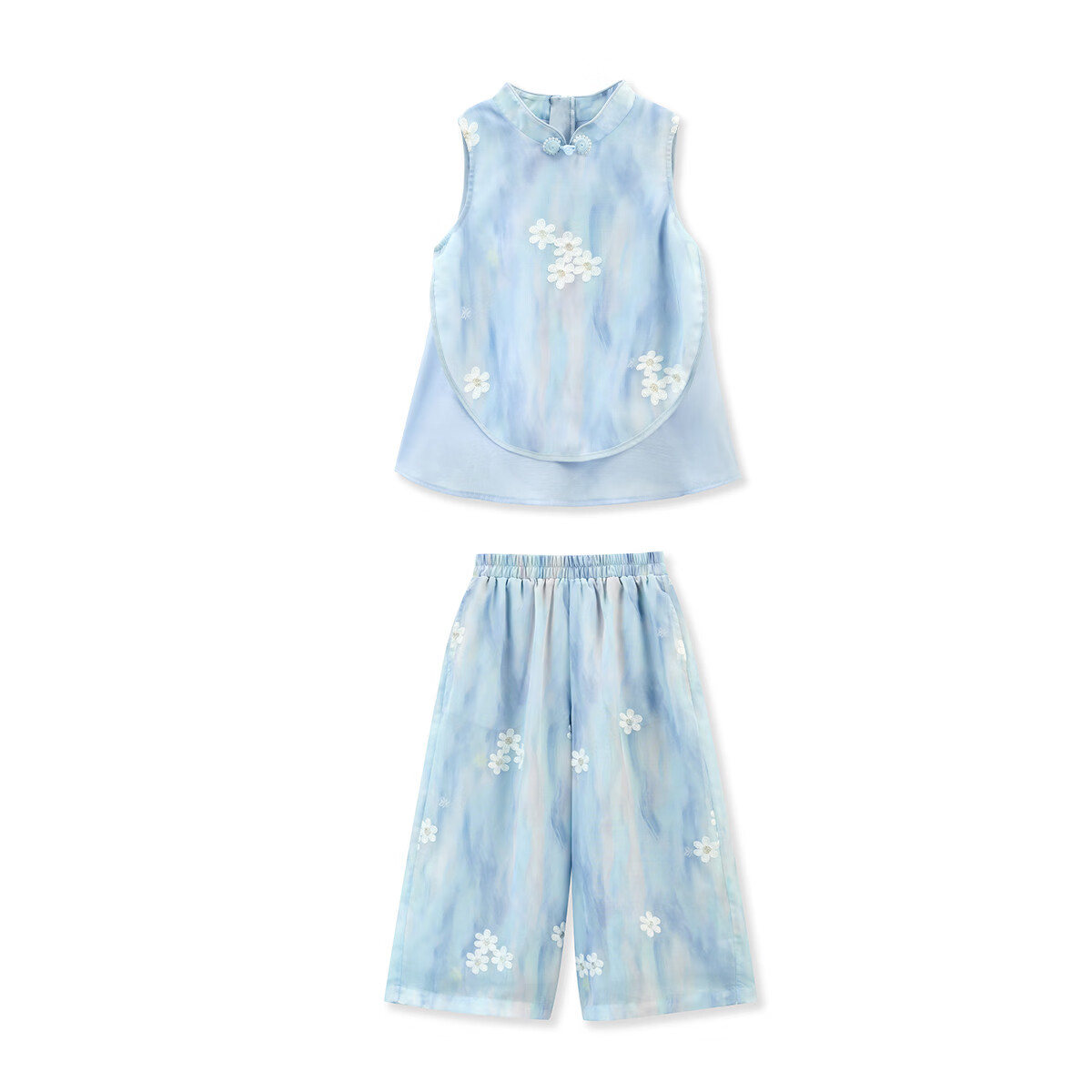 ASK JUNIOR Chinese Style New Summer Children's Set Qipao Collar Top Girls Draped Straight Pants 7
