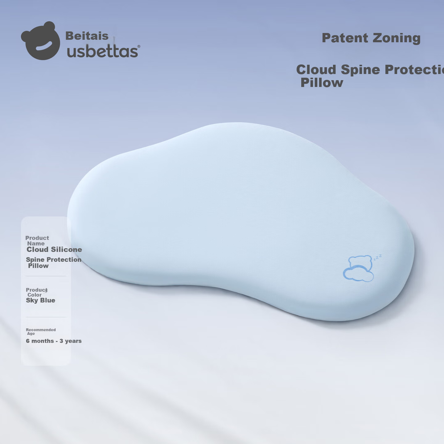 Betis Baby Pillow for 6+ Months, Zoned Neck Support Silicone Pillow for 1-3 Years, Clear Sky Blue