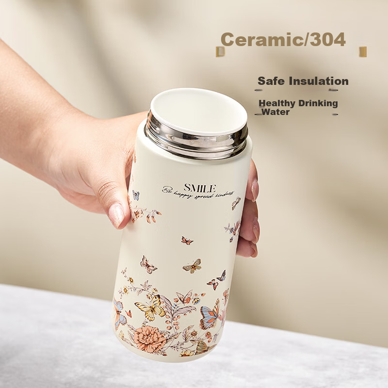 Gold Inlaid Jade Stainless Steel Ceramic Insulated Portable Home Water Bottle Tea Cup for Men and Women Car Travel Gift Birthday Present