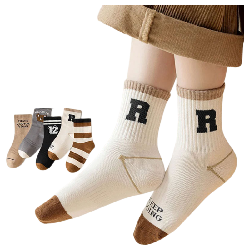 Mianmanman Kids Socks 100% Cotton Boys Mid-Calf Student Trendy Sports Style Spring Autumn 6 Pairs
