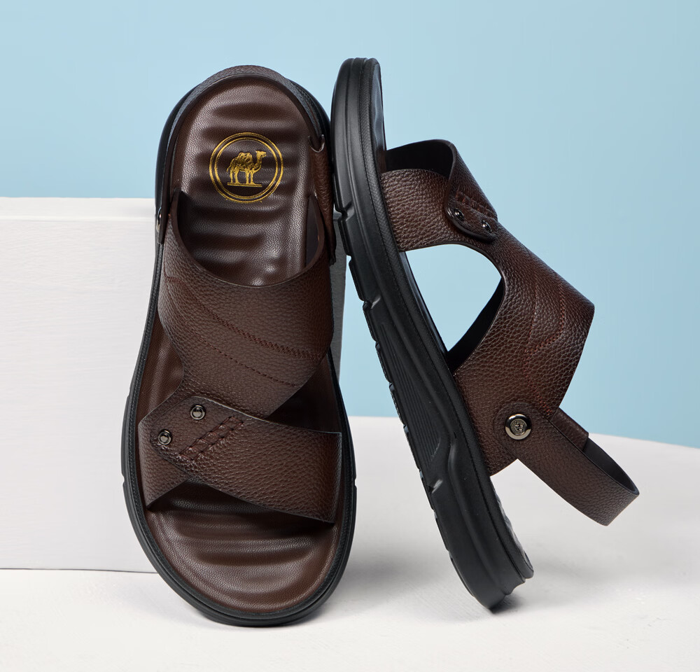 Camel Brand Men's Sandals First Layer Cowhide Beach Shoes Open Toe Breathable Dual-Wear Slippers P16M211013 Black Size 38 10