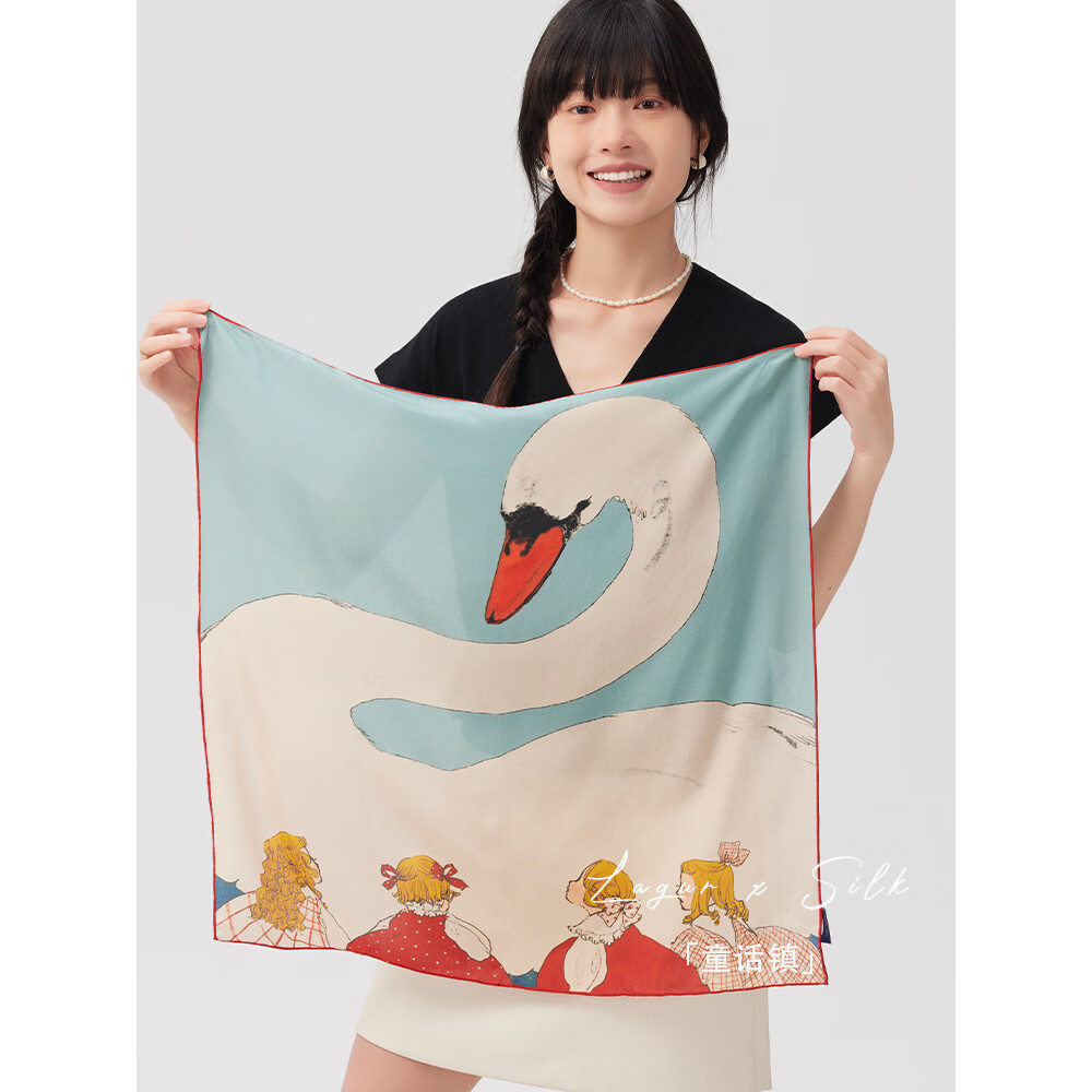 Lagur Swan Fairy Tale Silk Scarf Mulberry Silk Hair Band Summer Lightweight Square Scarf Fairy Tale Town