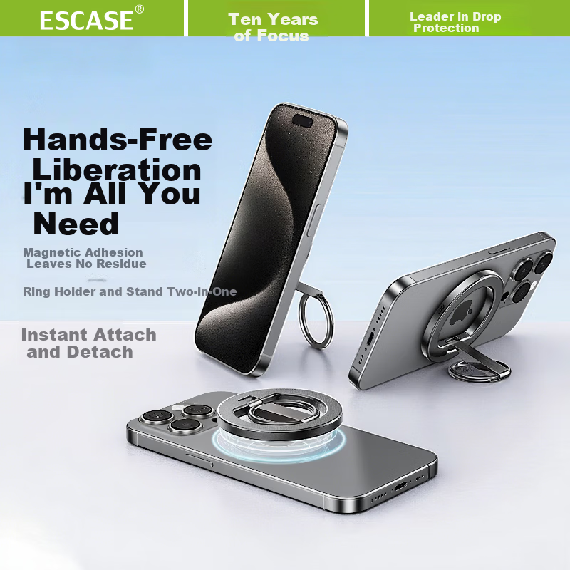 ESCASE Magnetic Ring Holder Phone Stand Magsafe 360° Rotatable Desktop Foldable Portable Alloy Support Compatible with Apple 17/16Pro ES-17 Titanium Gray