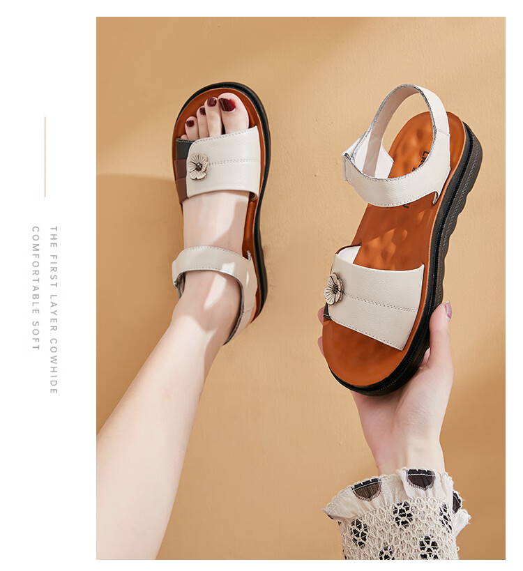 LAORENTOU Women's Genuine Leather Flat Sandals, Beach Non-Slip Soft Sole Middle-Aged and Elderly Sandals LK13182 - Black Size 35 7