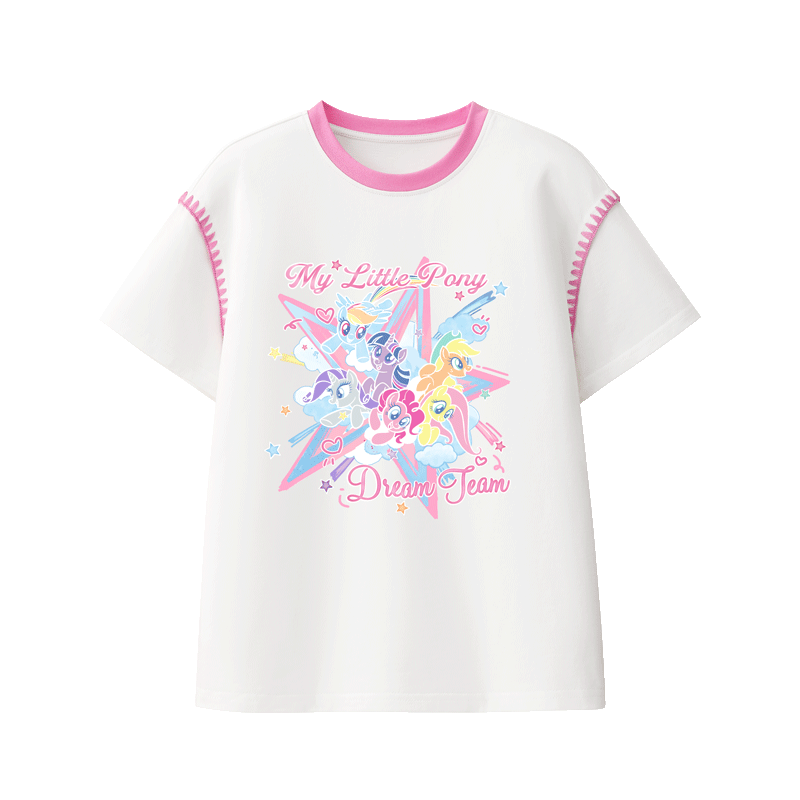 My Little Pony Girls' Short Sleeve T-Shirt 2026 New Color-Block Shell Embroidery Top Cooling Half Sleeve White 110