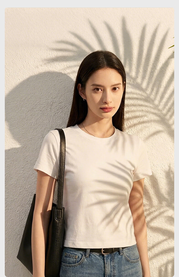 JD Jingzao Women's Short Sleeve Crew Neck T-Shirt 26 Spring New Trend Xinjiang Cotton Base Shirt Black S 12
