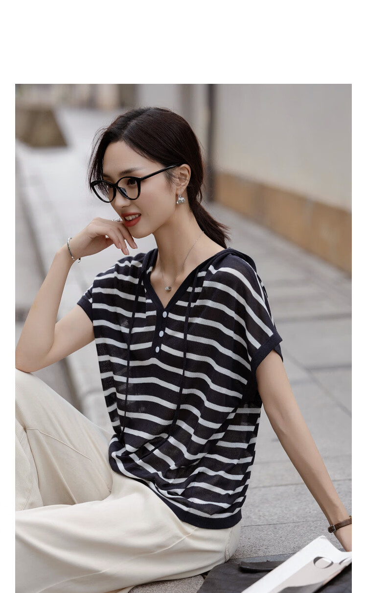 Demana [With Linen Lyocell] Spring College Style Hooded Colorblock Striped Loose Slim Knit Sweater for Women Premium Feel 10