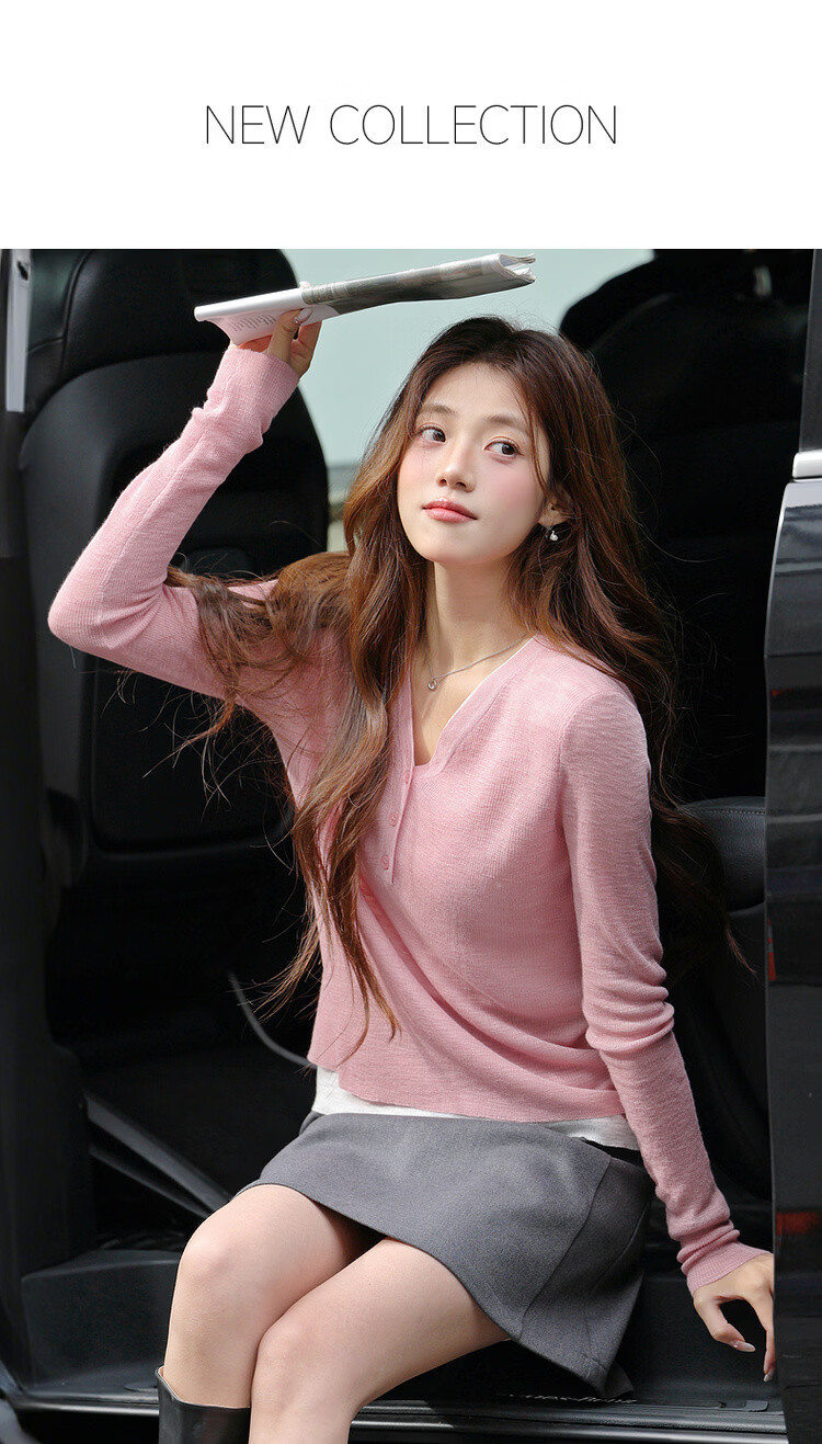 MT Romantic Style Spring Soft V-Neck Color-Block Stitching Knit Sweater for Women 1