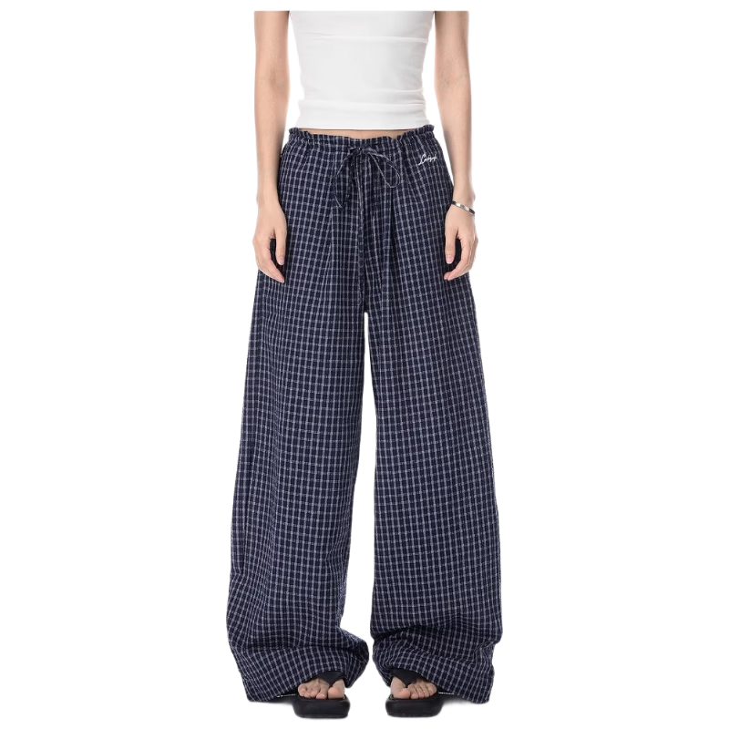 ICH MODE Women's American Style Plaid Summer Loose Wide-Leg Straight-Leg Sports Casual Pants Black XL