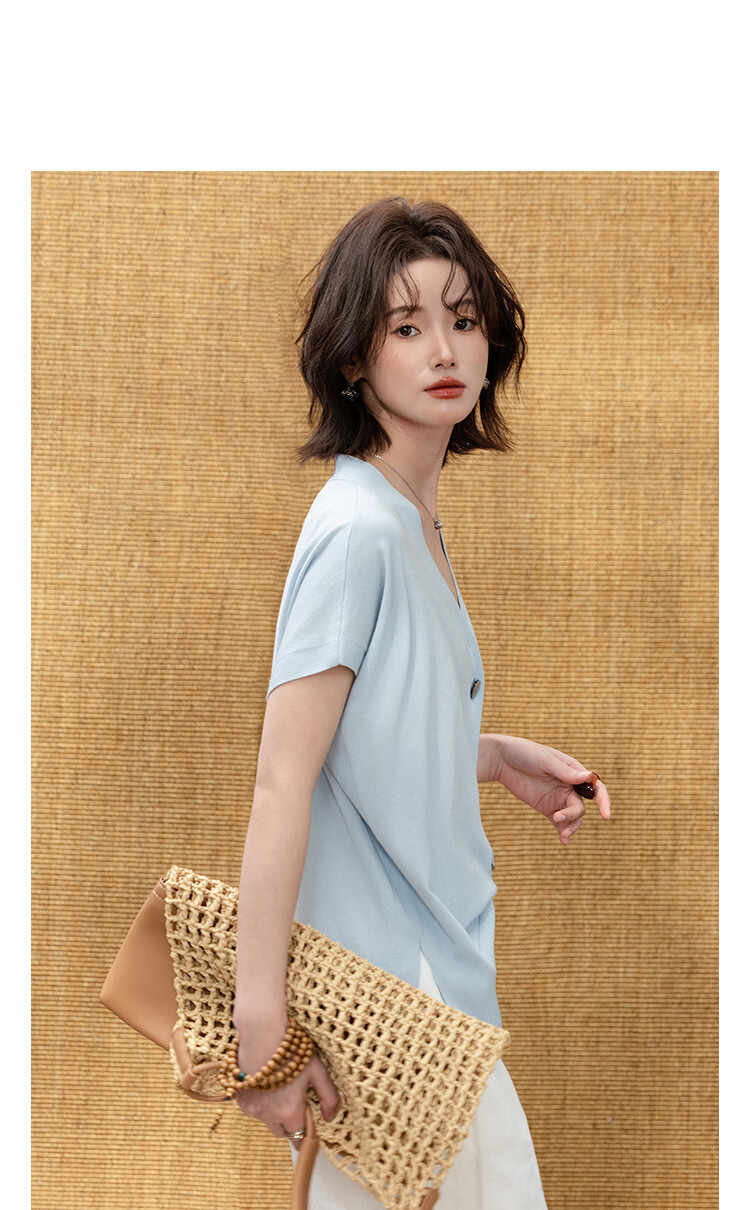 Demana [Cotton Acetate Fiber Blend] Spring Minimalist V-Neck Sleeve Cardigan Loose Slim Fit Stretch Women's Knitwear 11