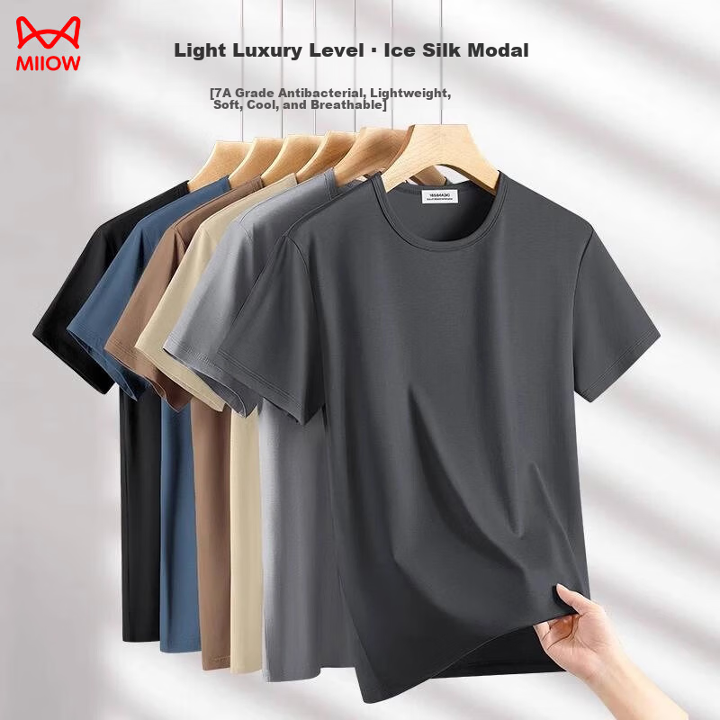 MiiOW [Silk Modal Cotton] Men's Short Sleeve Slim Fit Base Layer T-Shirt Spring Summer 2025 Black 3XL