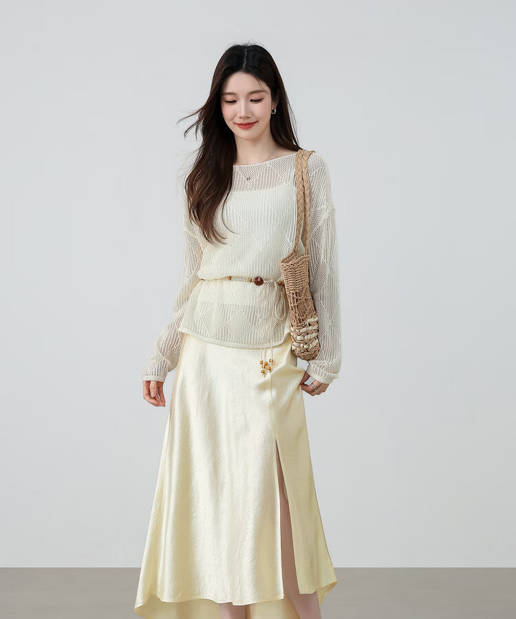 Shangdu Bira Pure Acetate Glossy A-Line Midi Skirt for Women Spring Summer Luxury Commuter Textured Satin Slit Slimming Skirt 20