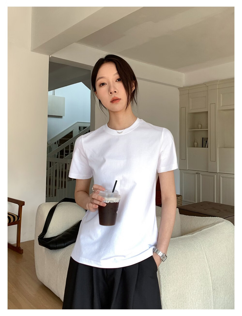ICH MODE Minimalist Paper Doll Short Sleeve Women's T-Shirt Summer Simple Cool Base Shirt Solid Color White S 17