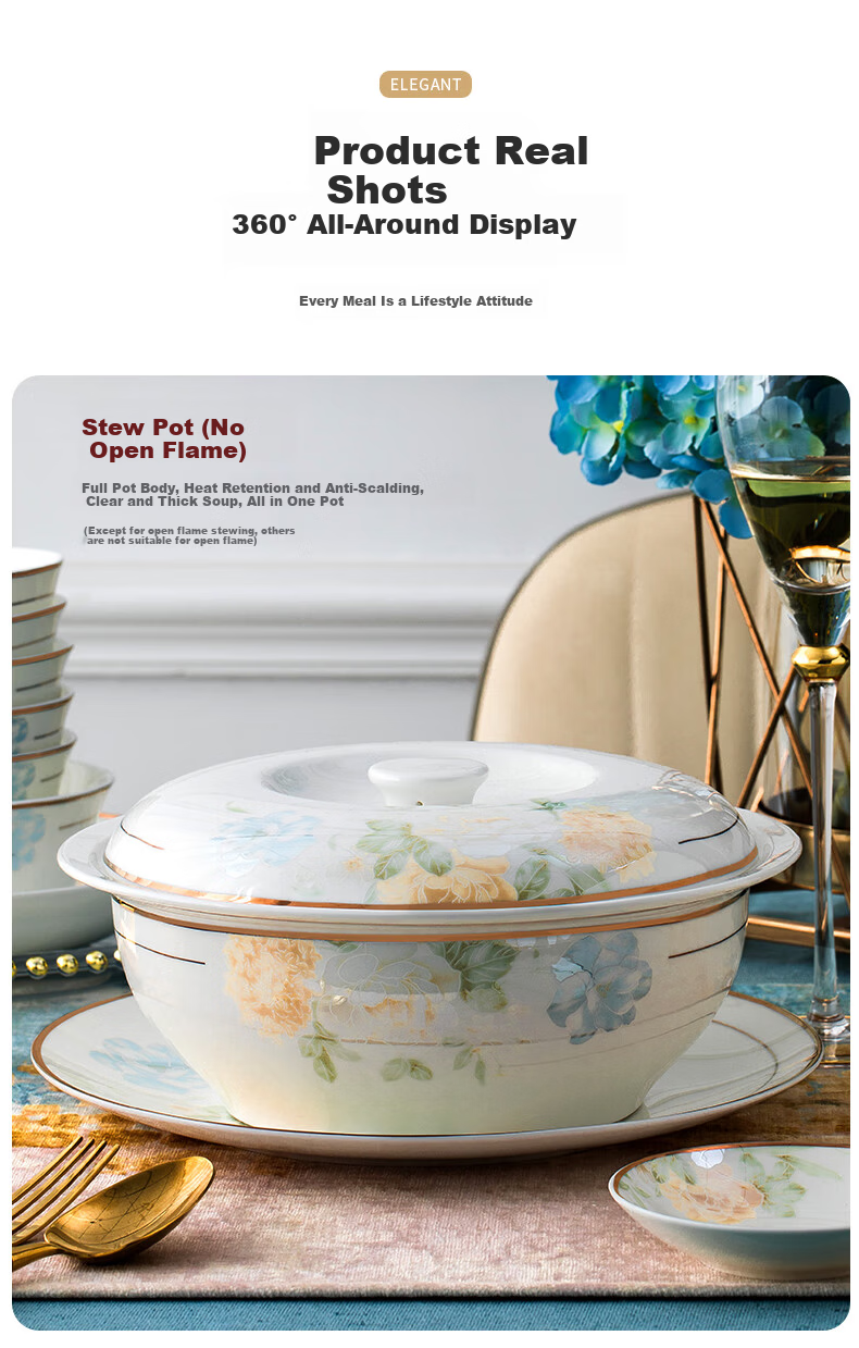 Yichen Jingdezhen Ceramic Bowl and Plate Set with Chopsticks Complete Gift Box Dinnerware Dreamy Floral Shadow 5