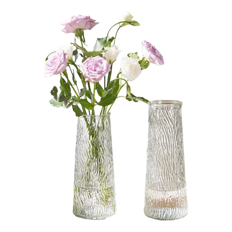 Shengshitaibao Glass Vase, Transparent Flower Arrangement Vessel, Hydroponic Container, Living Room Decoration, Conical Barrel with Tree Bark Texture