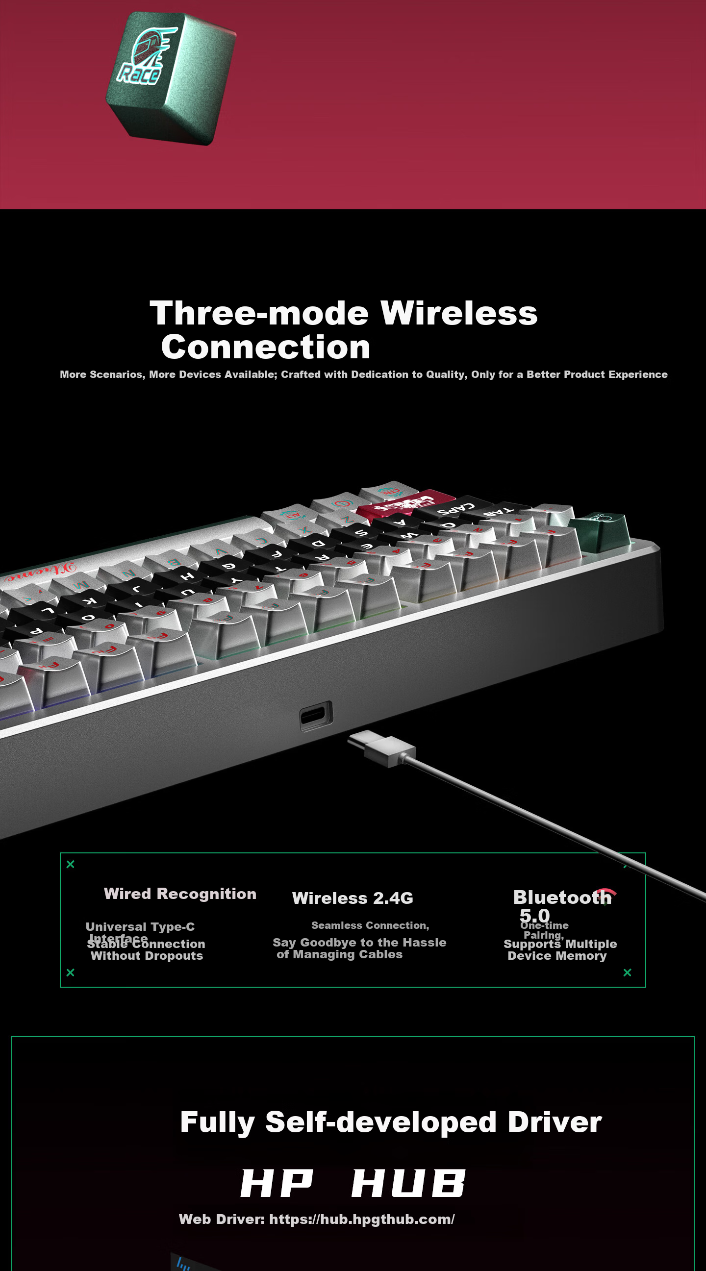 HP GT75 Mechanical Keyboard Wireless Wired Bluetooth Tri-Mode Gasket Custom Gaming Keyboard E-sports Computer Office 75-Key with Knob Quantum Silver Sundae Switch 8