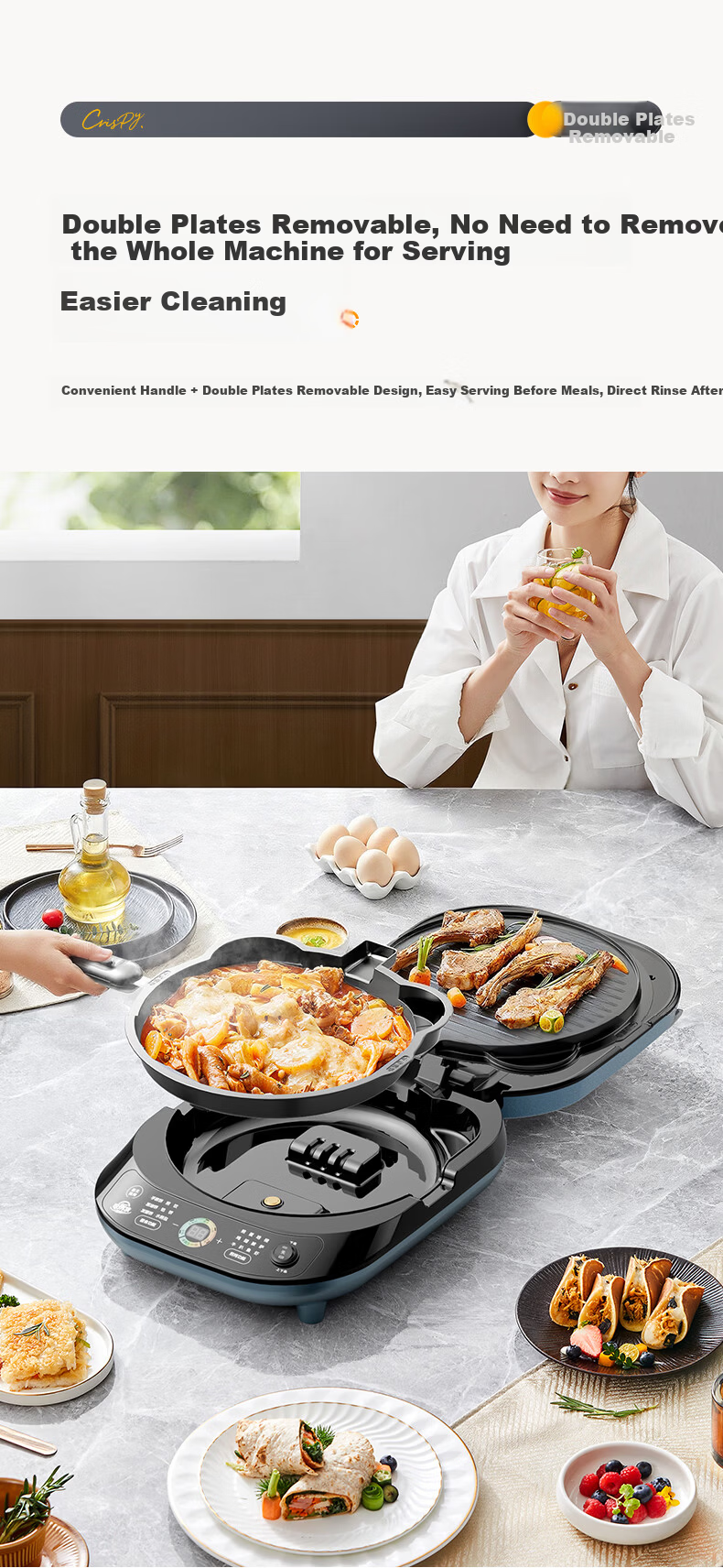 Midea Electric Griddle JKC3077Ti Detachable Upper and Lower Plates Smart Home Use 0-Fluorine Titanium Ceramic Double-Sided Heating Sandwich Breakfast Maker Pancake Grill Pan 6