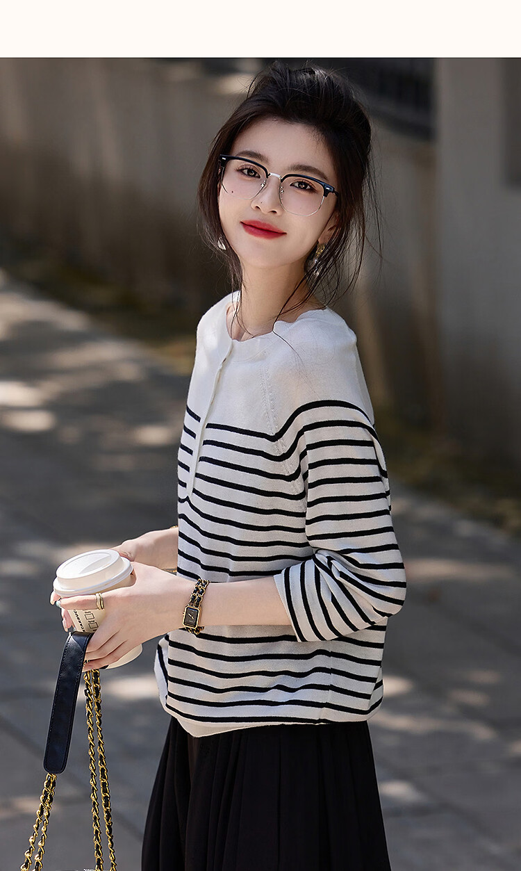 Demana Japanese Style Artistic Commuter Spring Autumn Colorblock Striped Round Neck Slimming Knit Sweater 32