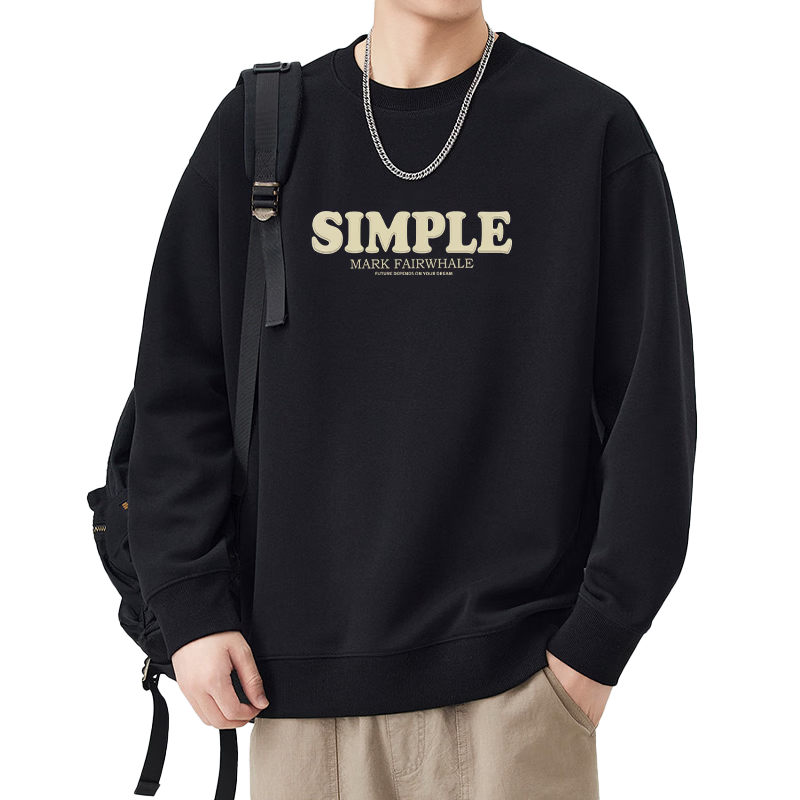 Mark Fairwhale Fleece Lined Men's Sweatshirt Autumn Winter Crewneck Loose Heavyweight Long Sleeve Jacket Black XL