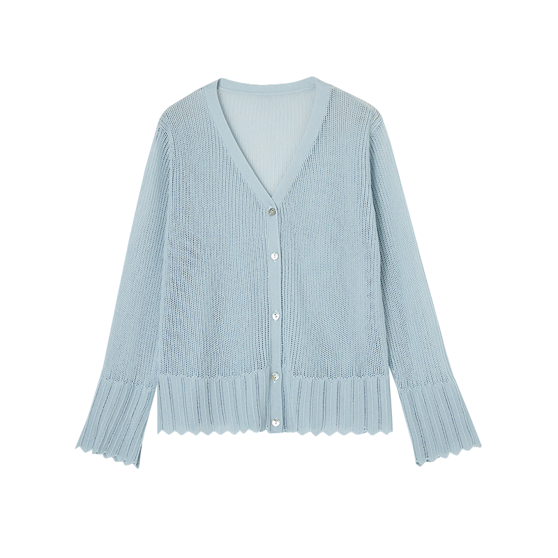 Demana [Breathable Tencel] Spring Elegant V-Neck Jacquard Cardigan with Wavy Edges Hollow Out Women's Knitwear
