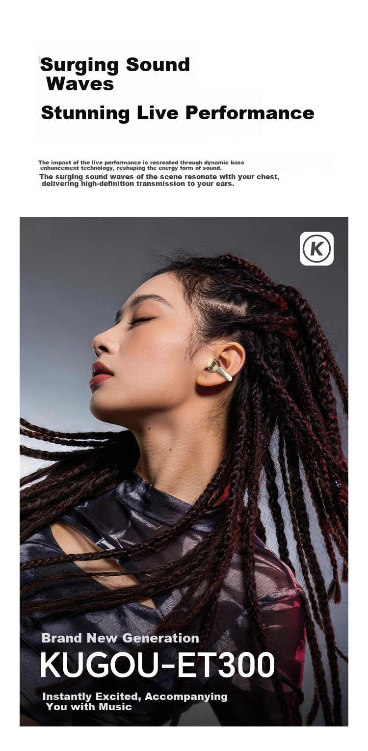 KUGOU ET300 Bluetooth 6.0 Clip-On Bone Conduction Earphones Open-Ear Wireless Sports Running Music Gaming Noise-Cancelling Long Battery Life 5