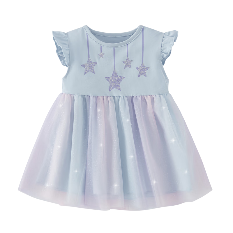 JELLYBABY Flutter Sleeve Fairy Dress Summer Girls Baby Patchwork Mesh Breathable Lightweight Skirt