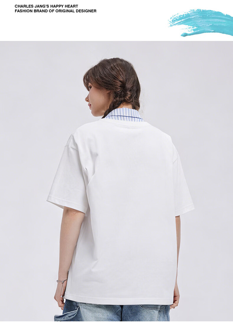 Charles Peach Heart Summer Fake Two-Piece Fun Badge Print Couple Pure Cotton Short Sleeve Polo Shirt Unisex Off-White XS 16