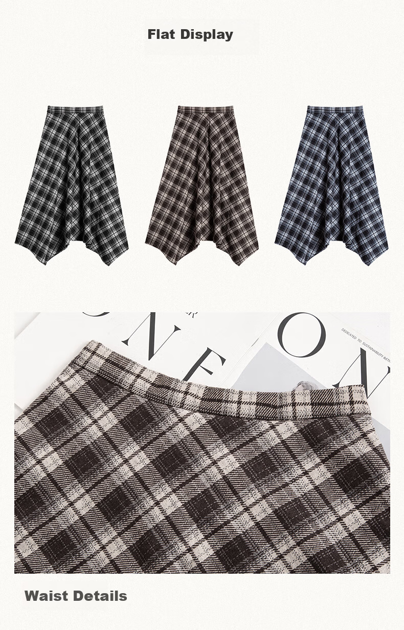 BOPRUIEY Vintage Plaid Irregular Women's Skirt 2025 New Autumn Winter A-Line Casual Mid-Length Skirt 13