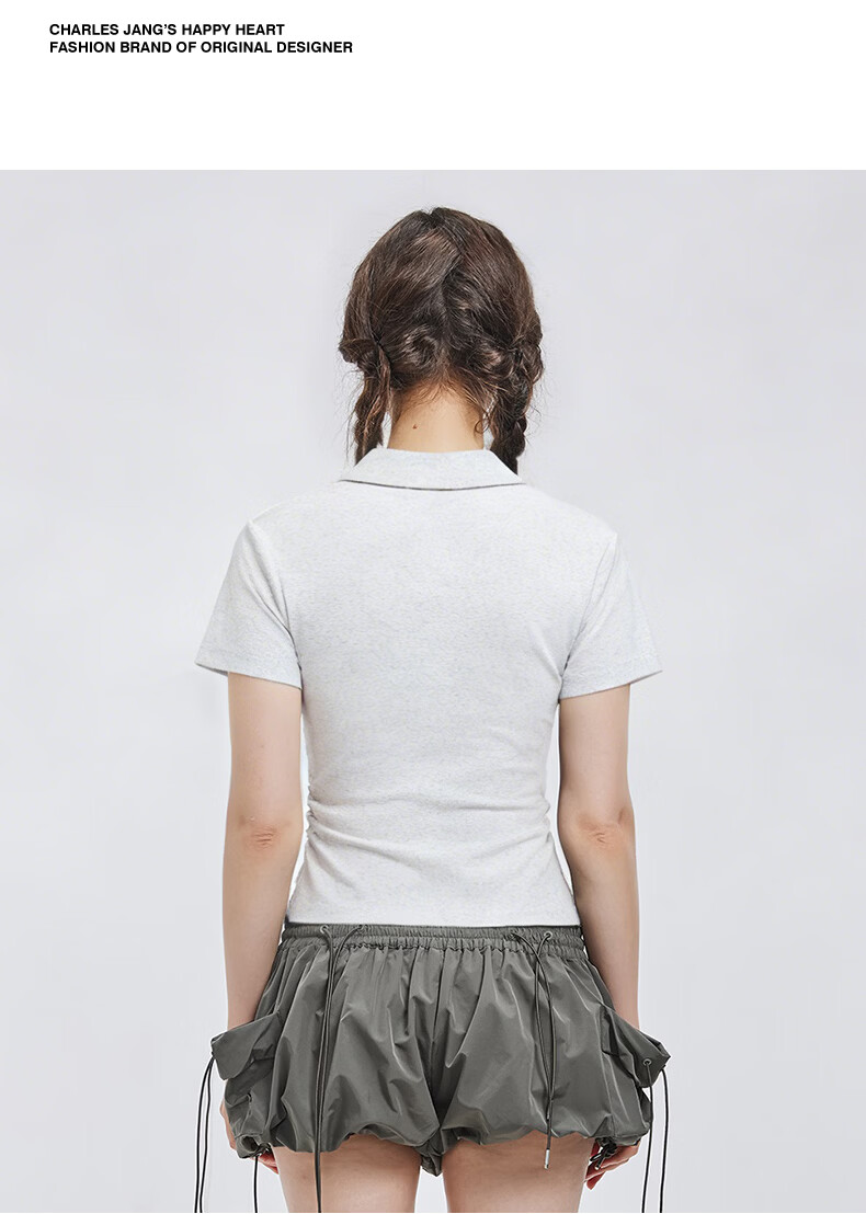Charles Peach Heart Summer Commuter Style Solid Color Heart Logo Short Sleeve Polo Shirt for Women Simple Slim Fit Light Heather Gray M 6