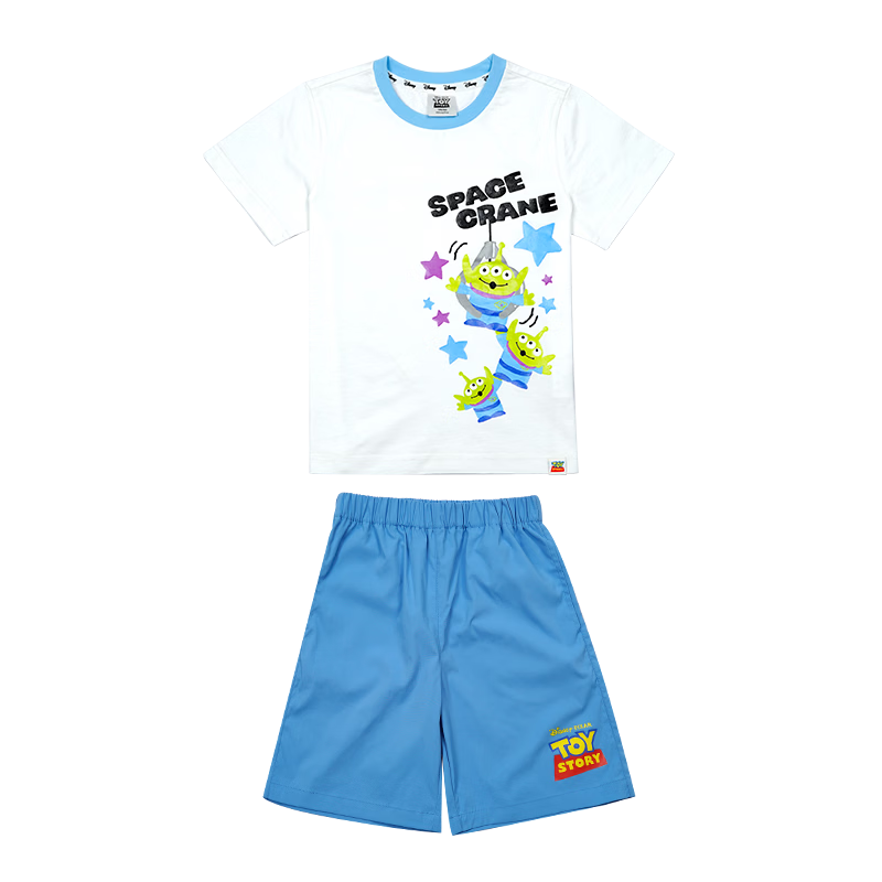 Disney 2026 New Summer Boys' 100% Cotton Short Sleeve T-Shirt and Shorts Breathable Cool Performance Three-Eyed Alien 140CM