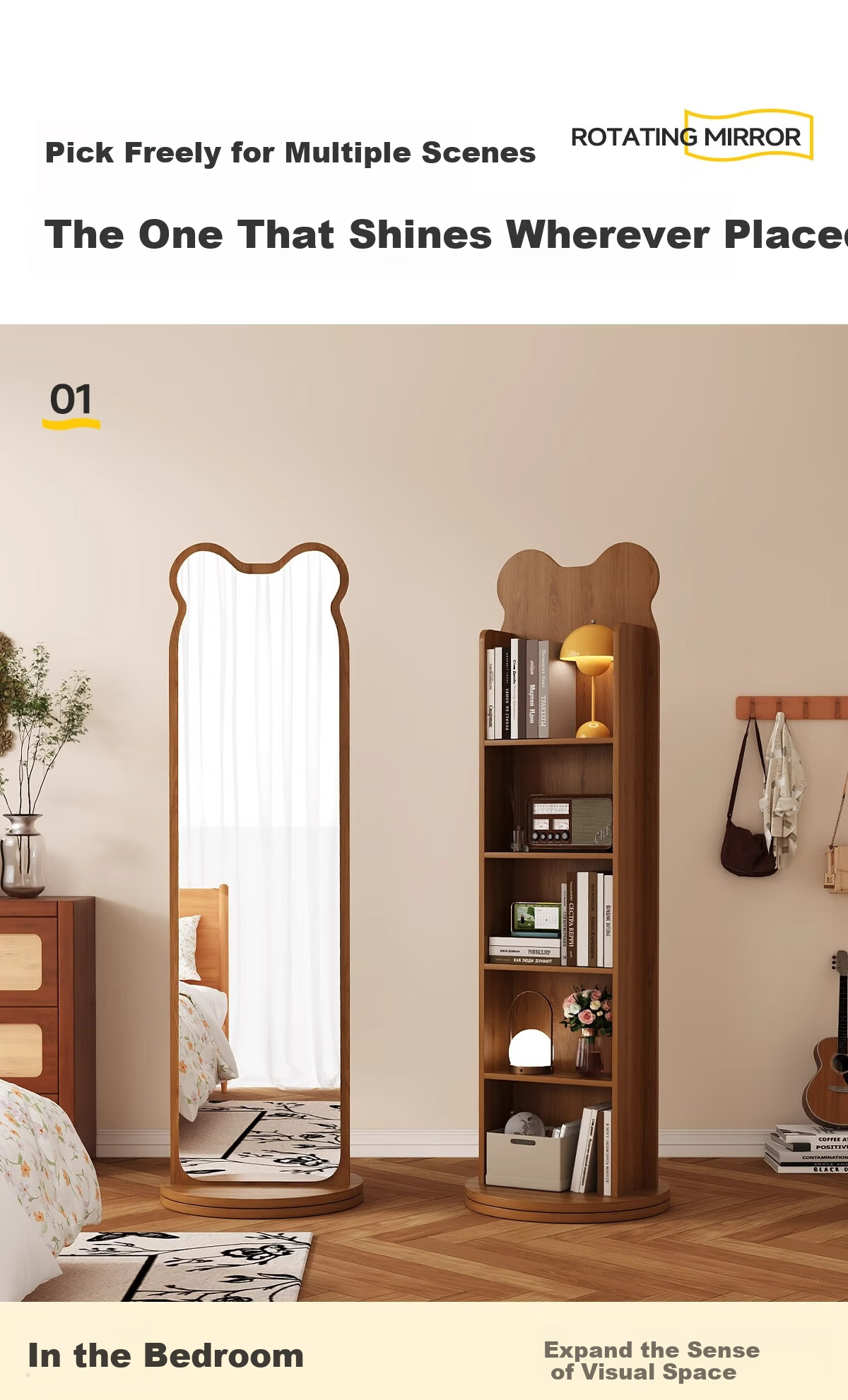 Millennium Huafu Bear Rotating Dressing Mirror Full-Length Floor Mirror with Magazine Rack Rotating Storage Dressing Mirror 165*36 Black 9