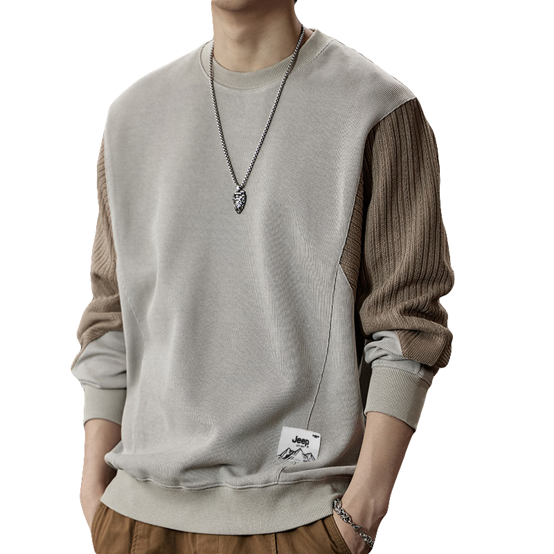 JEEP Men's Color Block Sweatshirt, Loose-Fitting T-Shirt for Spring And Autumn, Casual Heavyweight Base Layer, Apricot Color with Brown, XL Size