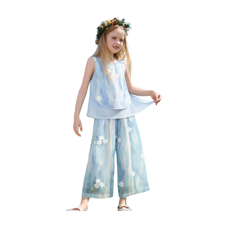 ASK JUNIOR Chinese Style New Summer Children's Set Qipao Collar Top Girls Draped Straight Pants