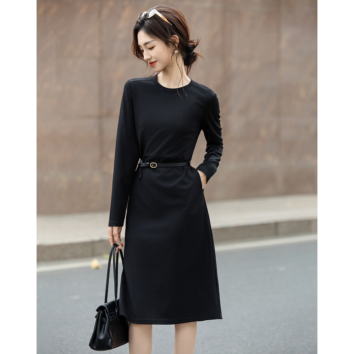 Demana Women's Spring Commuter Round Neck Belted Sweatshirt Dress Straight Cut Petite Dress