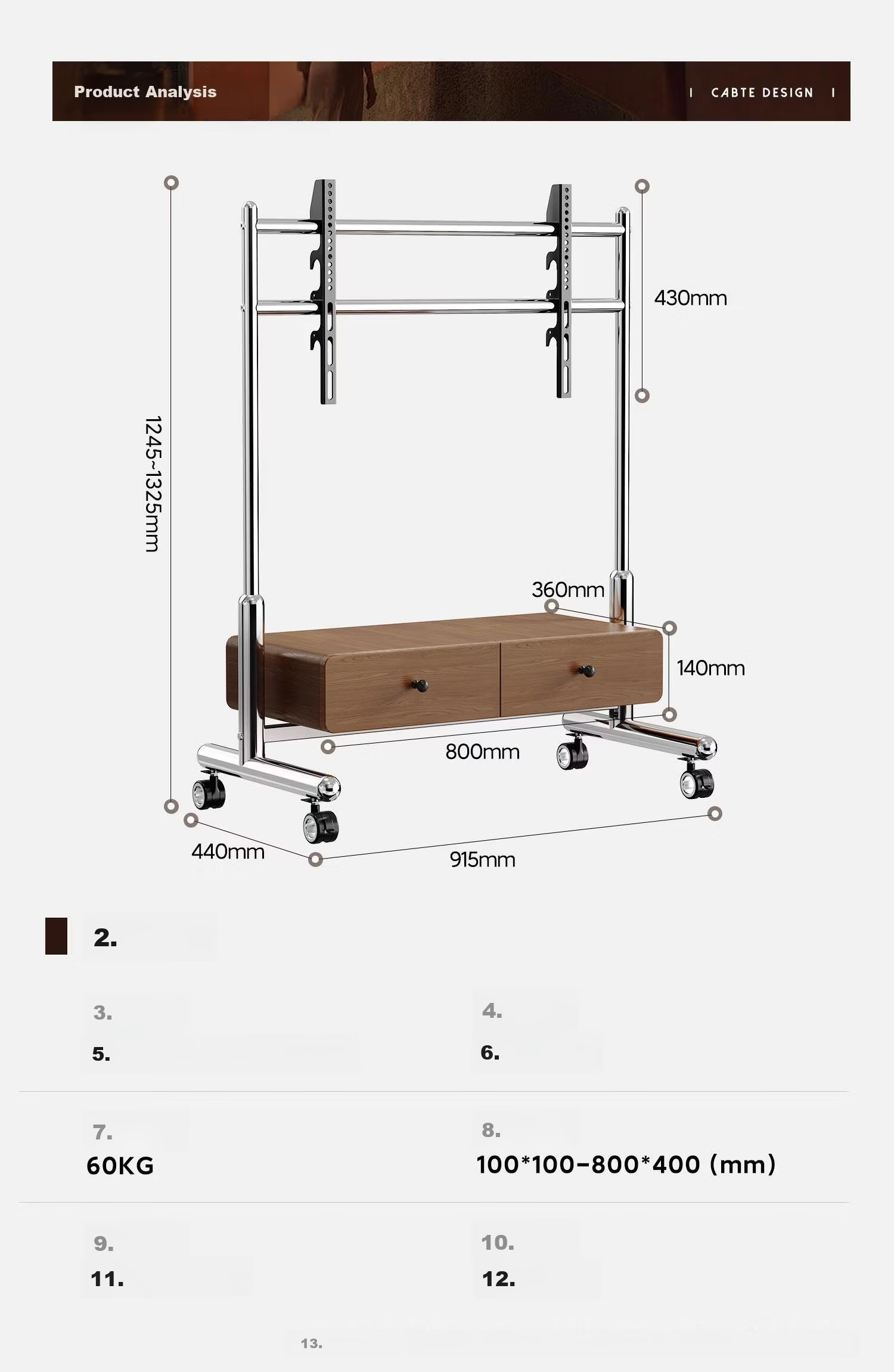 CABTE 32-75 Inch Stainless Steel Mobile TV Stand with Wheels, TV Cabinet Cart, Living Room Simple Mobile TV Cart 1