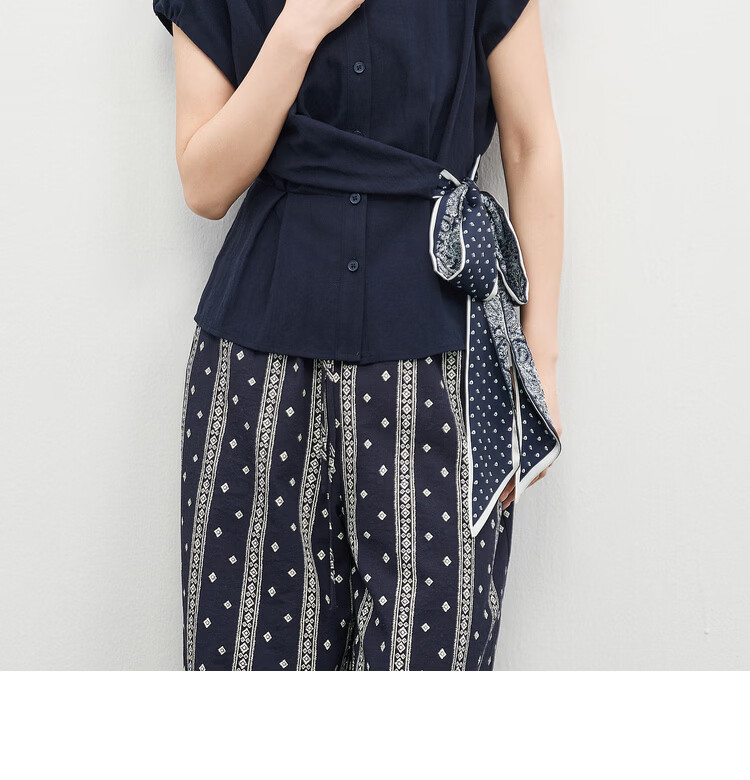 Shangdu Bila Linen Tencel Commuter Shirt Women Spring Summer Printed Tie Pleated Waist Slimming Blouse Turn-down Collar Top 24