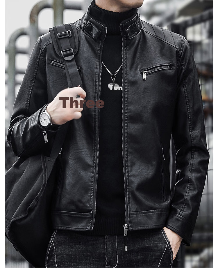MARK FAIRWHALE Men's Leather Work Jacket Spring Autumn Stand Collar Biker Coat Coffee M 1