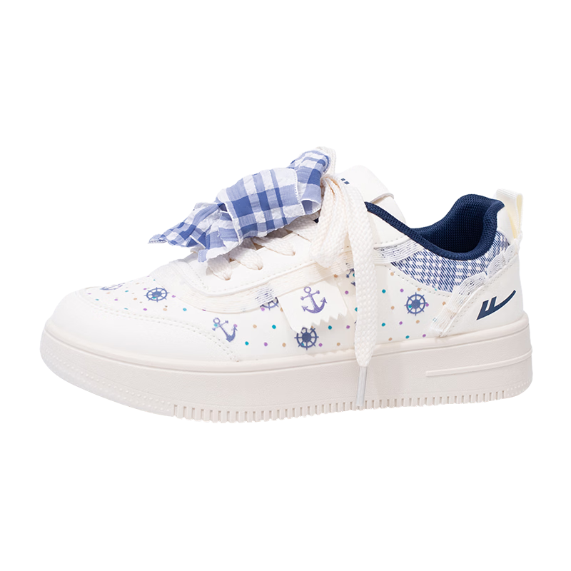 Warrior Women's Creative Thick-Soled Shoes Spring Autumn Retro Printed Original Casual Sports Sneakers Beige Deep Blue Size 39