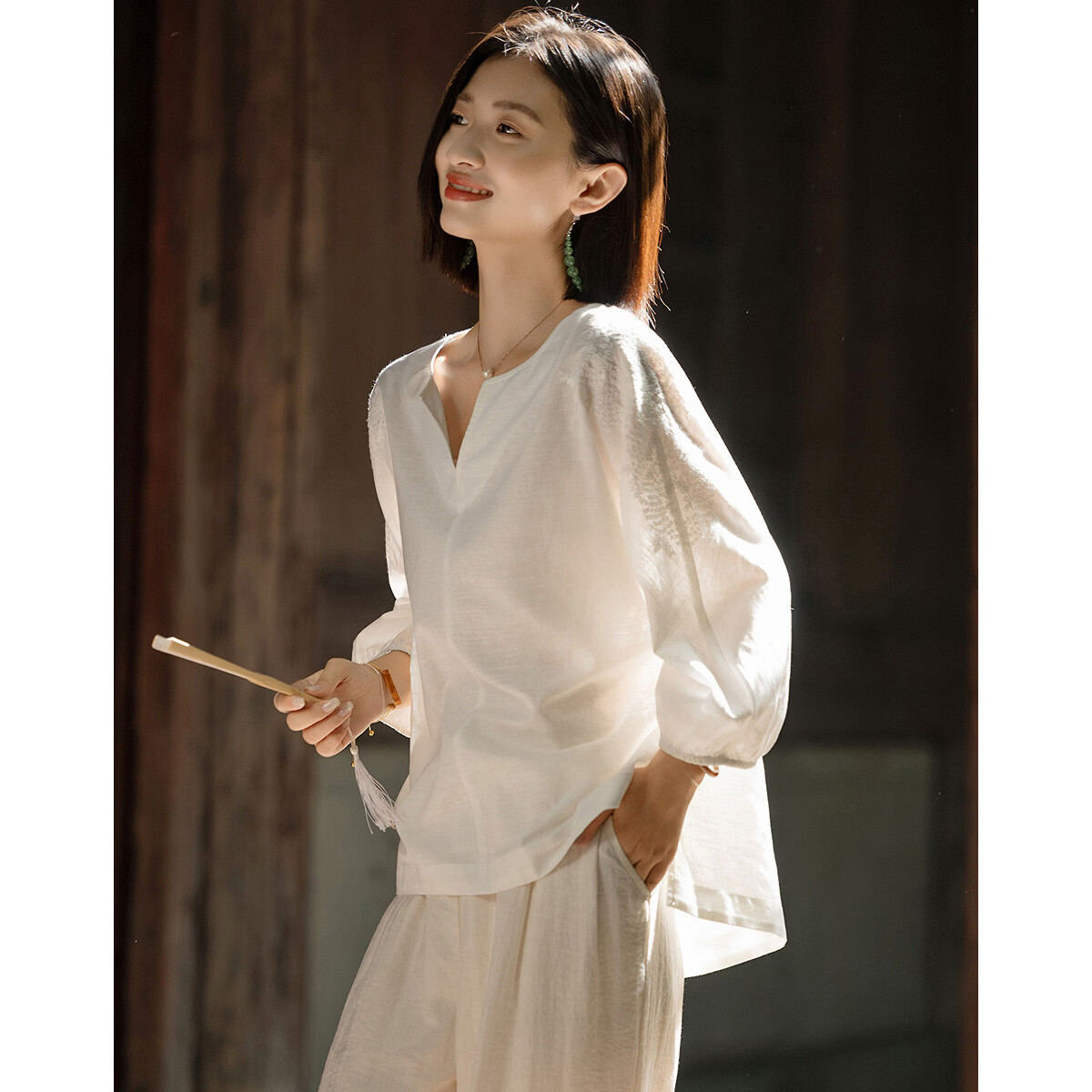 Demana Linen Cotton Blend Spring Elegant Embroidered Shirt 3/4 Sleeve High-Low Hem Petite Women's Blouse