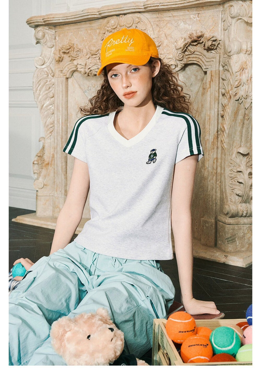 ICH MODE Raglan Stripe V-Neck Short Sleeve T-Shirt Women Summer Bear Series Sorona Cooling Top Black M 23
