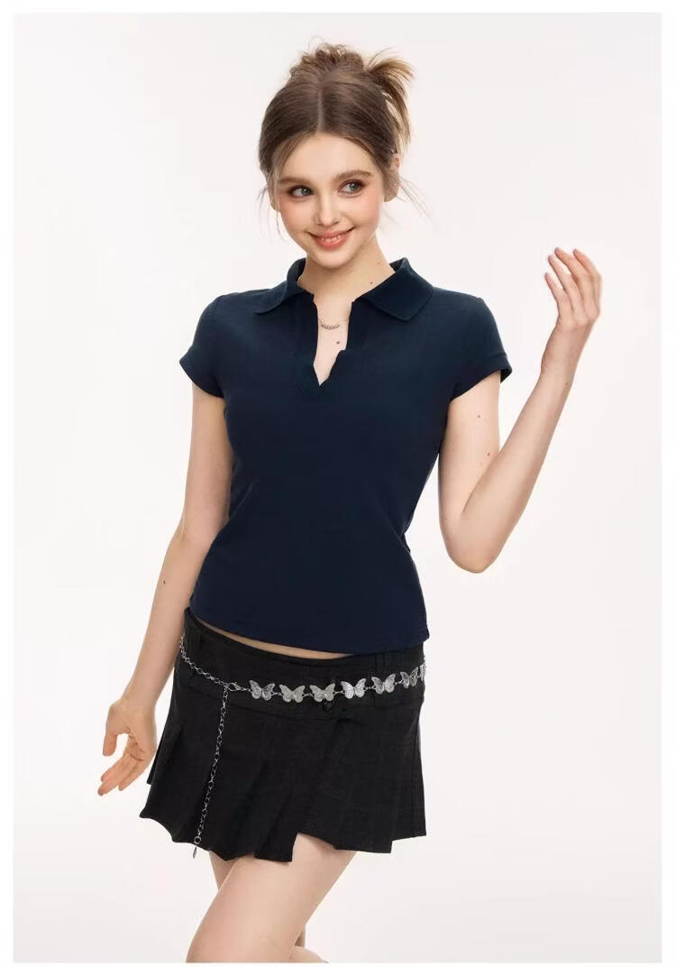 ICH MODE Vintage Polo Collar Short Sleeve T-Shirt Women 2026 Summer New Slim Fit Cropped Top White L 8