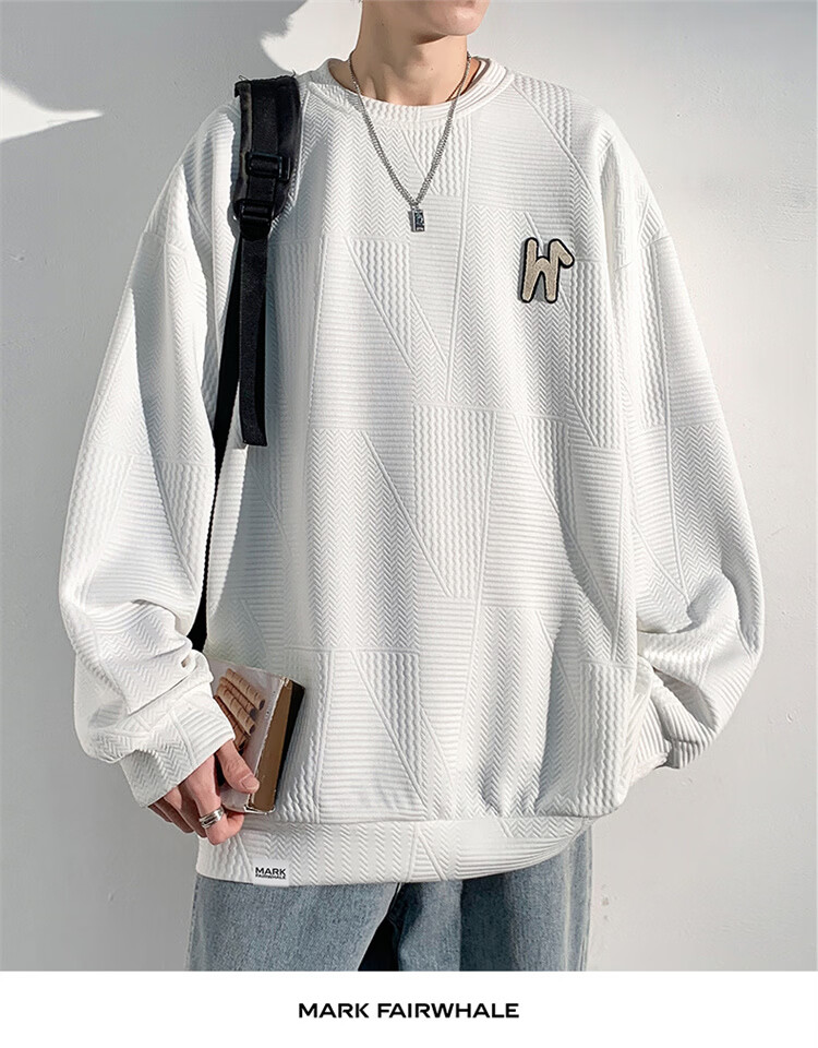 MARK FAIRWHALE Men's Sweatshirt Spring and Autumn Trendy Brand Crewneck Jacket Plus Size Loose Fit Black XL 10