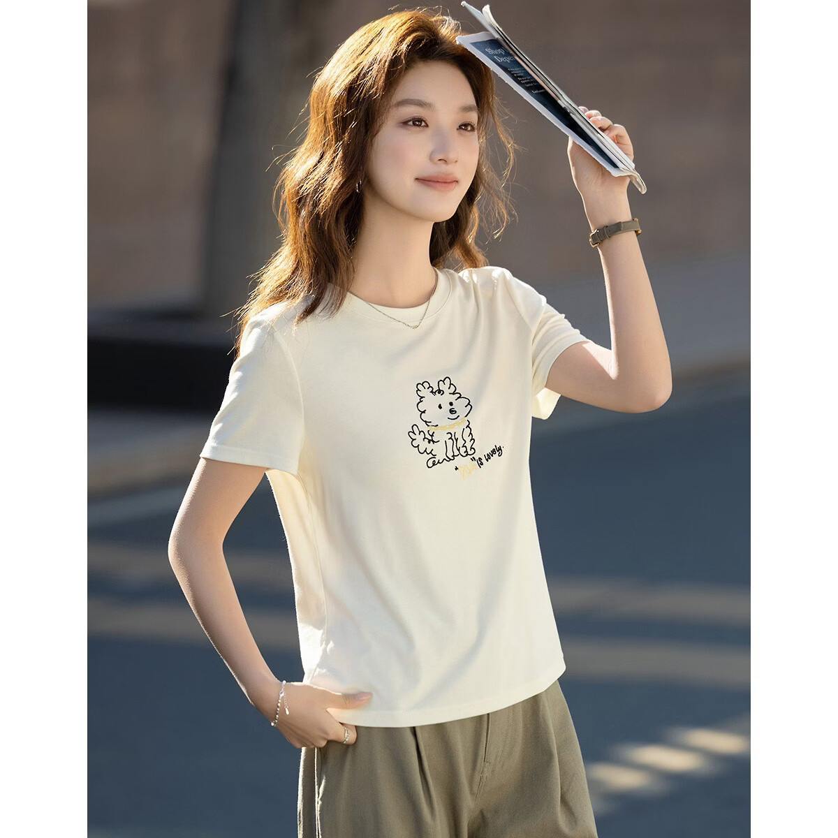 Demana [with Lyocell] Summer Crew Neck Puppy Line Print Short Sleeve High Elastic Slim Fit T-Shirt Women Premium Feel