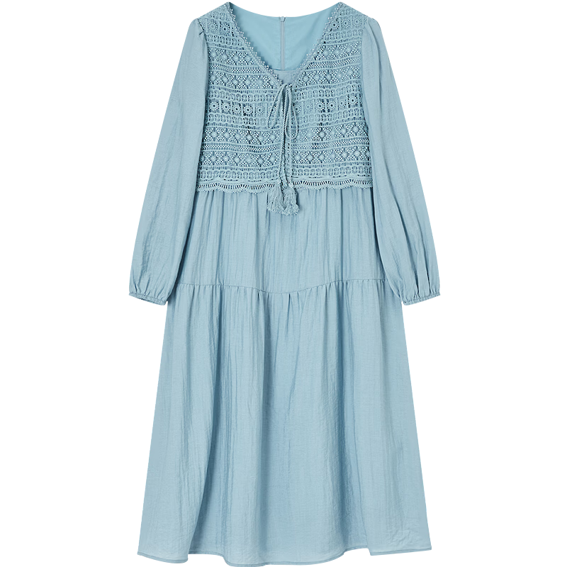 Demana Linen-Viscose Blend Tea Break Dress Spring Elegant Faux Two-Piece Lace Hollow Tower A-Line Women's Dress
