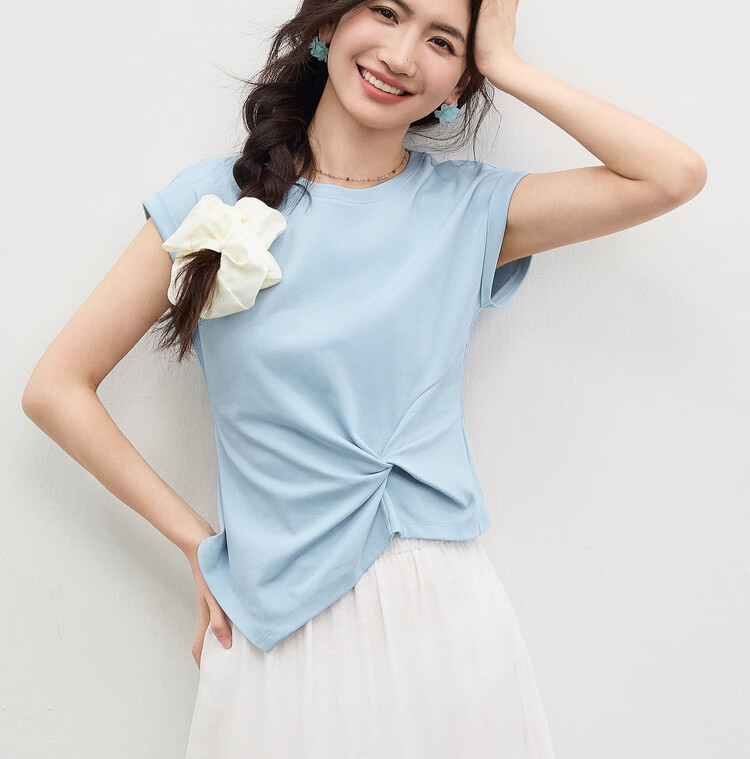 Shangdu Bira Raglan Sleeve Pure Cotton T-Shirt Women Spring Summer Crew Neck Knot Slim Fit Irregular Hem Tailored Casual Top 15