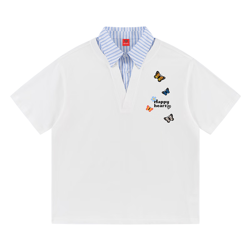 Charles Heart-Shaped False Two-Piece Cotton Couple Short Sleeve Polo Shirt with Butterfly Print Navy Blue S