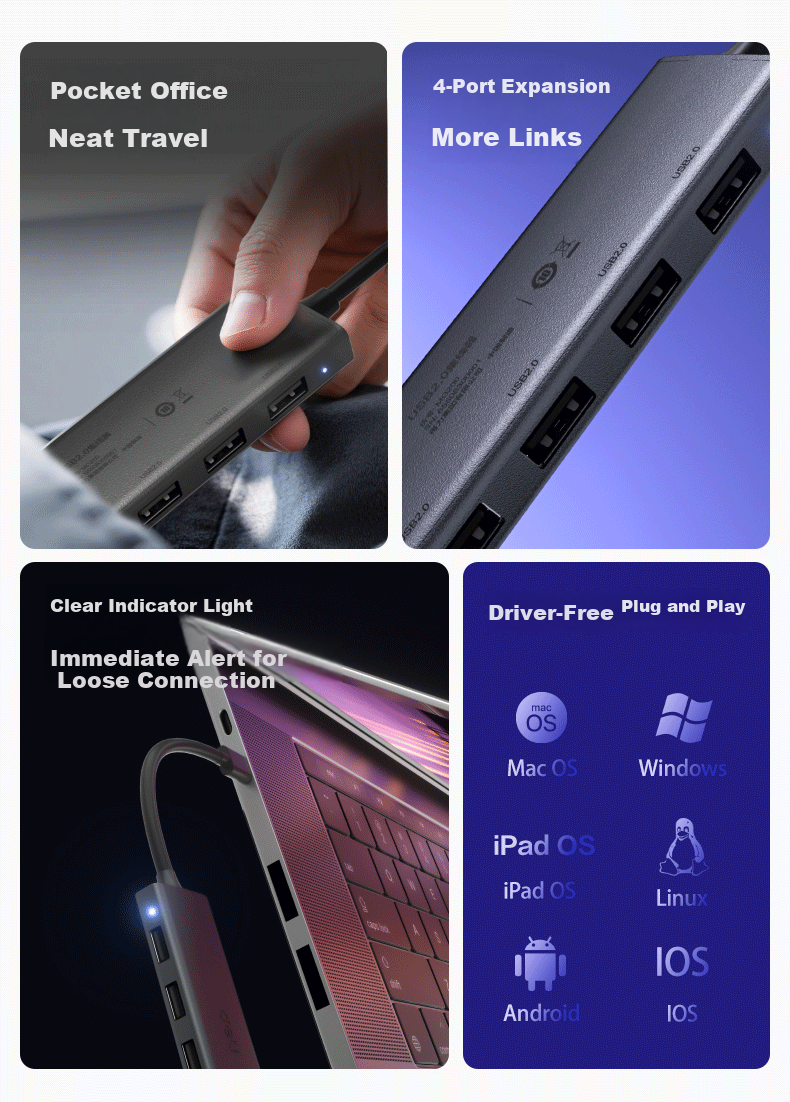 Deli USB 3.0 Docking Station 4-Port High-Speed Hub External USB Interface Converter for PC Laptop MG300 2