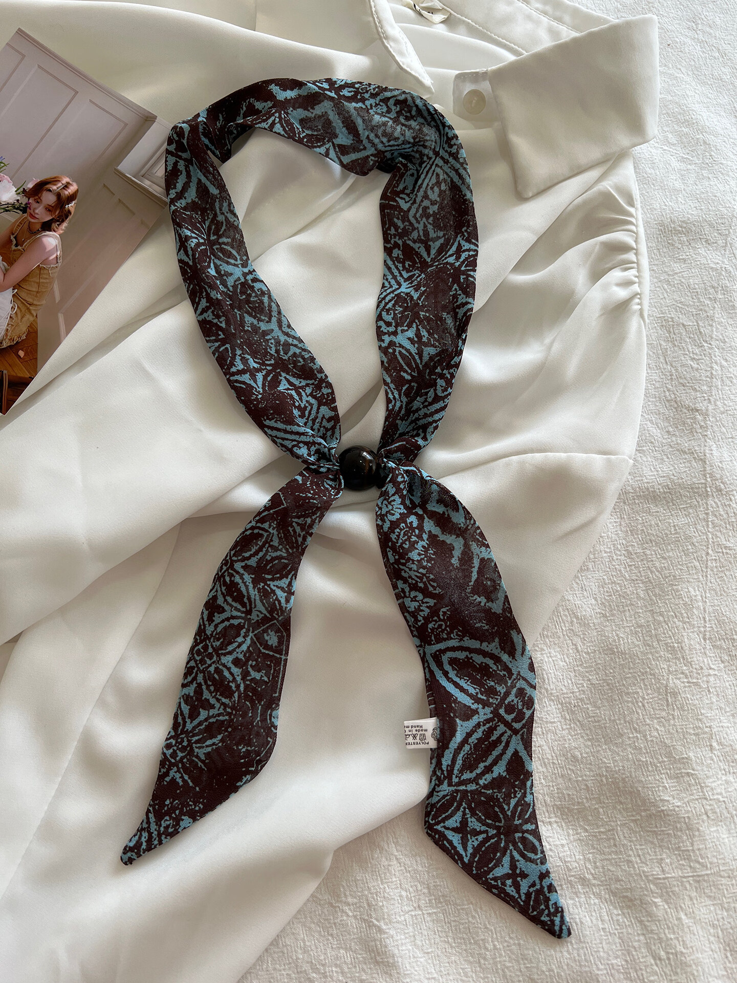 Spapani Premium Korean Style Beaded Silk Scarf Necklace for Women Spring Summer Versatile Thin Narrow Long Neck Scarf Hair Tie Accessory 4