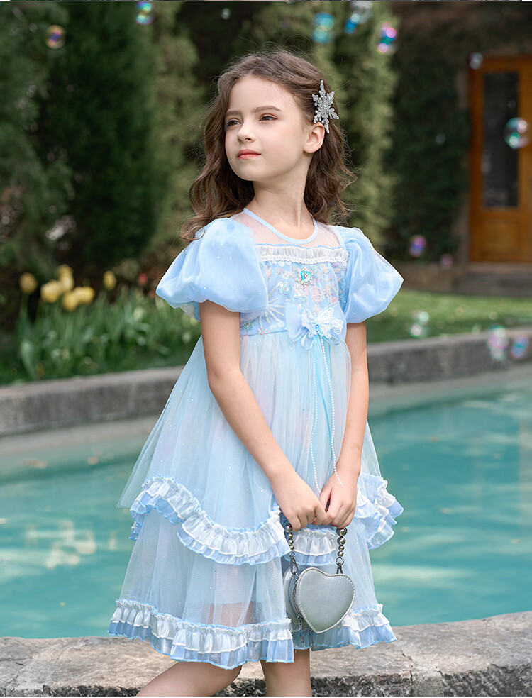 Disney Girls Elsa Princess Dress Summer 2026 New Stylish Lolita Children's Birthday Party Dress Puffy Skirt 12