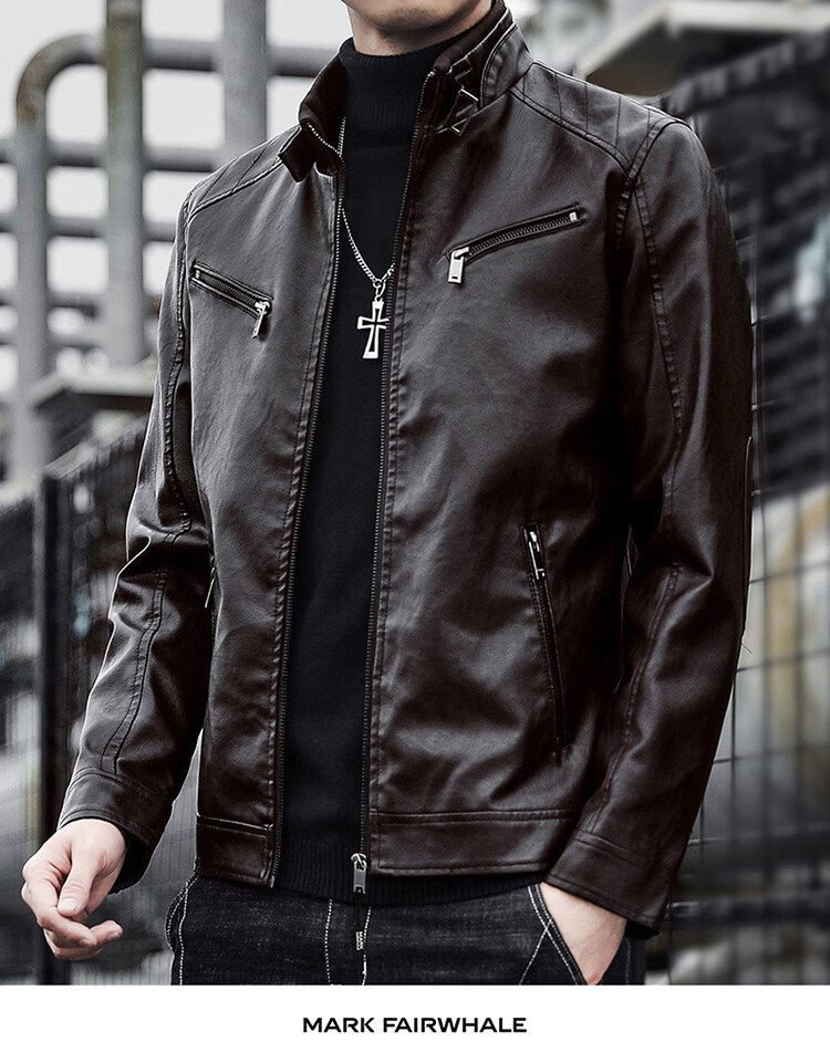 MARK FAIRWHALE Men's Leather Work Jacket Spring Autumn Stand Collar Biker Coat Coffee M 6
